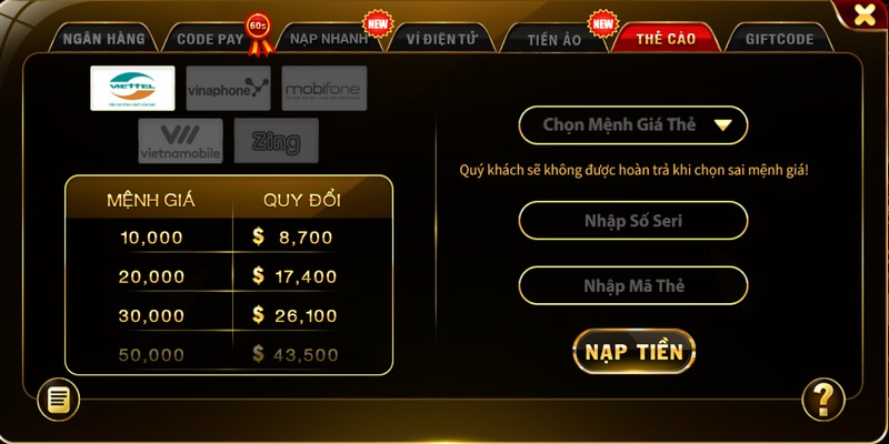 Nạp tiền Go88 thông qua thẻ cào là phương thức được ưa chuộng nhất